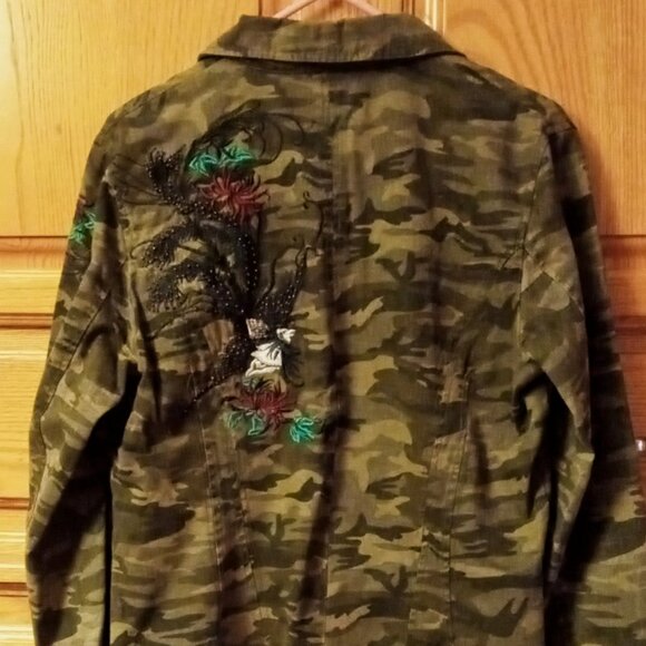 Morbid Threads Denim Military Jacket Embroidery Beaded Camouflage Women's XL - Picture 4 of 16
